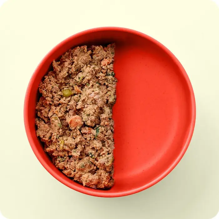 A half filled bowl of Ollie fresh food mixed with kibble