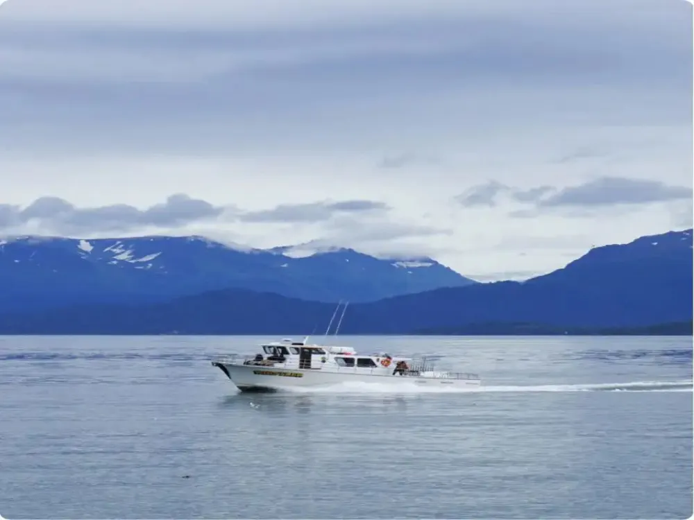 Fishing boat working cold coastal water beneath snow capped mountains