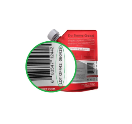 Open Farm bone broth pouch with the lot code circled on the right edge