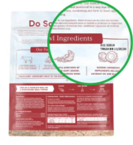 Back of an Open Farm freeze dried pouch with the lot code circled