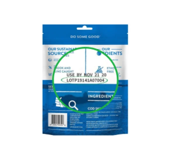 Open Farm treat pouch with the lot code circled