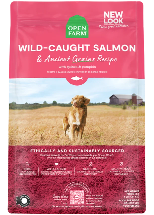 Bag of Open Farm Wild-Caught Salmon and Ancient Grains dog kibble