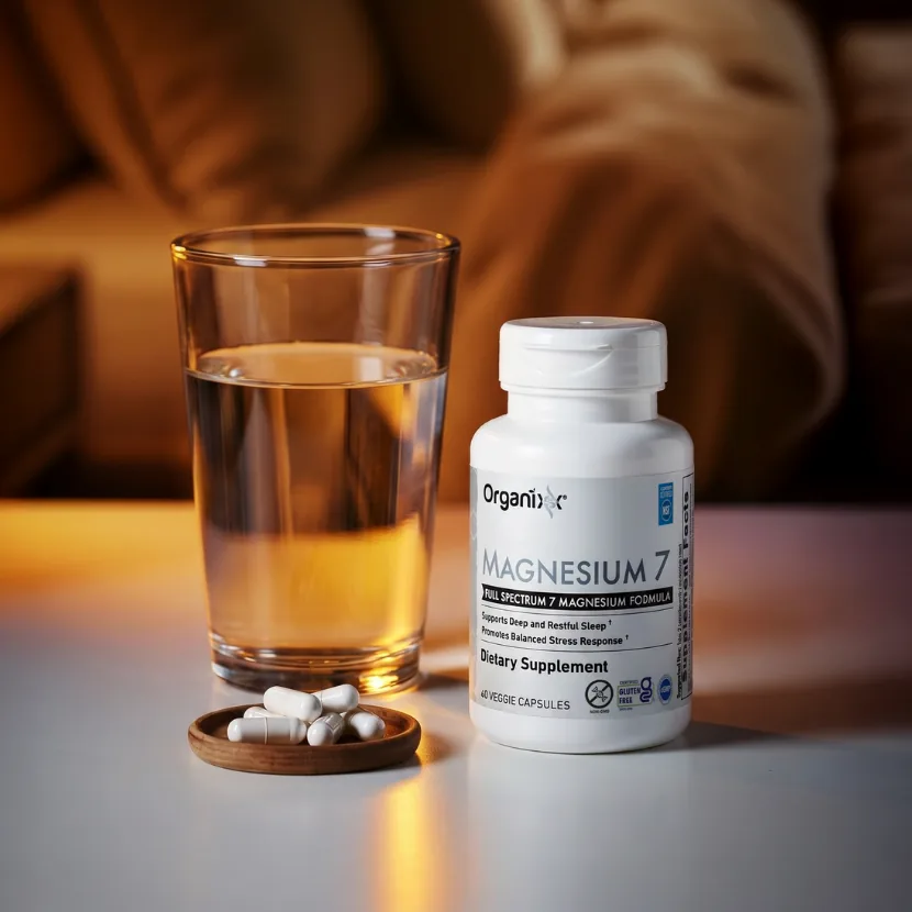 A glass of water on a nightstand beside a bottle of Organixx Magnesium 7.
