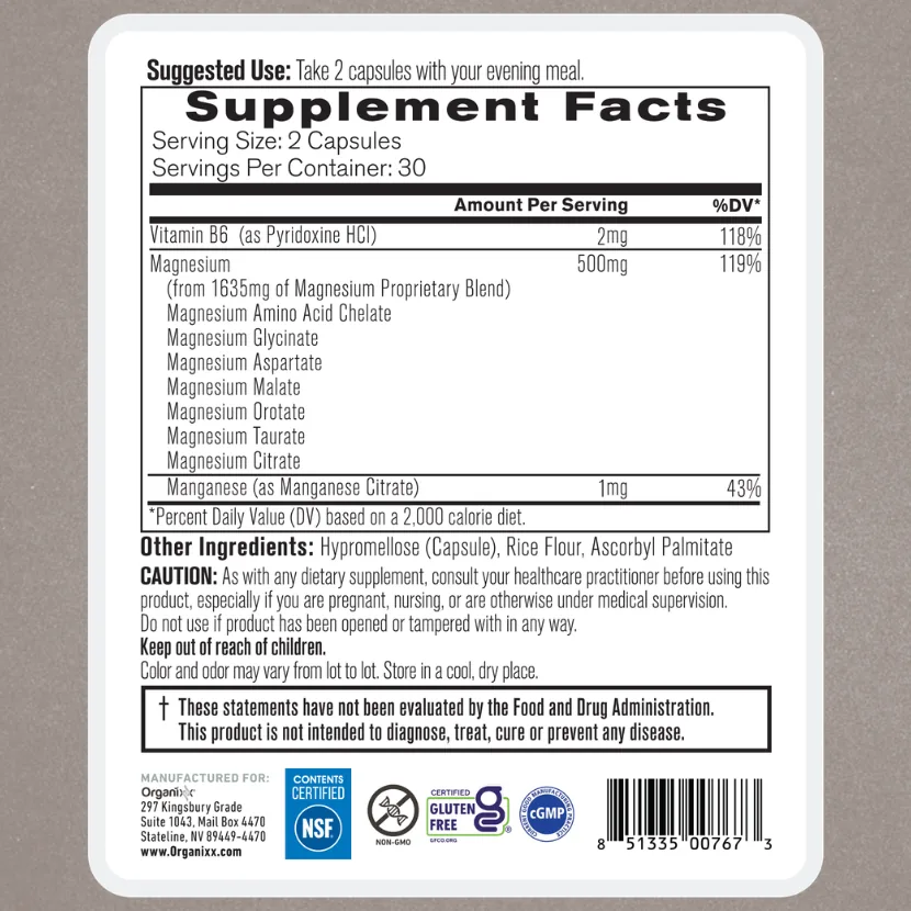 The Supplement Facts panel for Organixx Magnesium 7, listing seven magnesium forms.