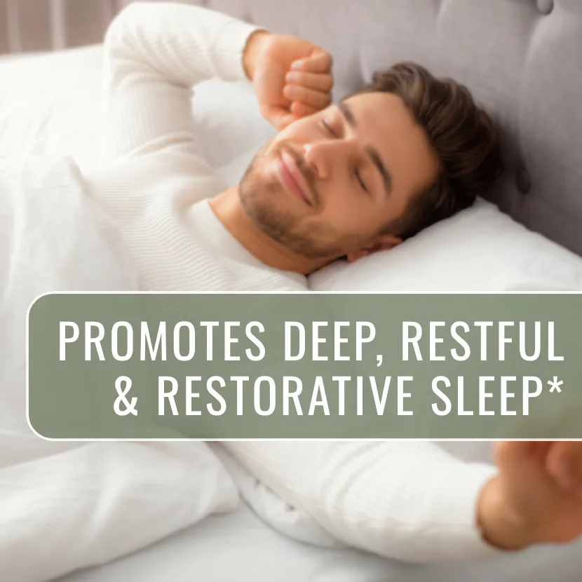 A man sleeping, with the Organixx claim that Magnesium 7 promotes deep, restful and restorative sleep.