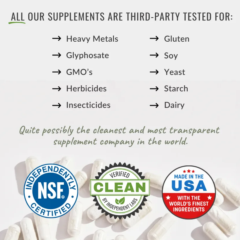 Organixx third-party testing panel listing heavy metals, glyphosate, GMOs, herbicides, insecticides, gluten, soy, yeast, starch and dairy.