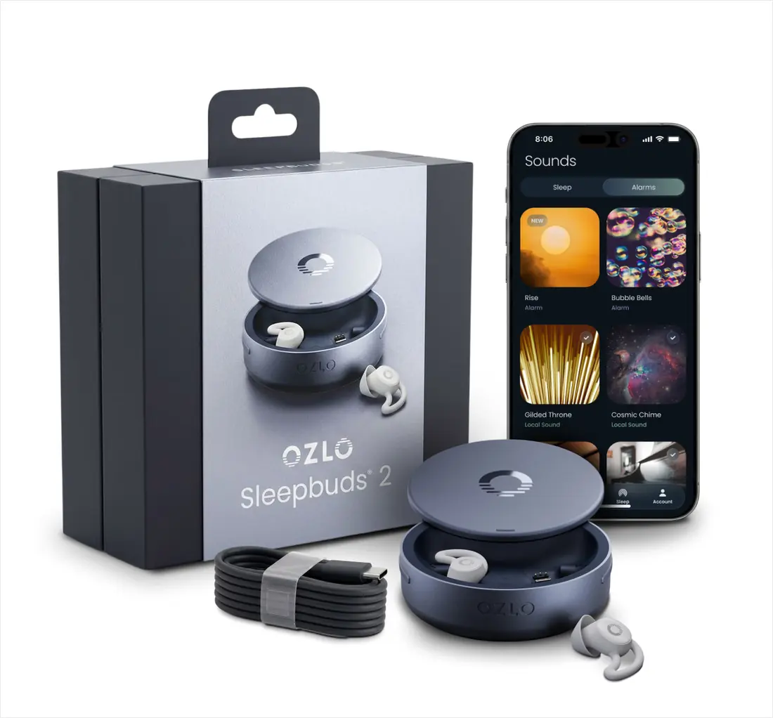 The Ozlo Sleepbuds 2 box, charging case, ear tips and cable alongside the app
