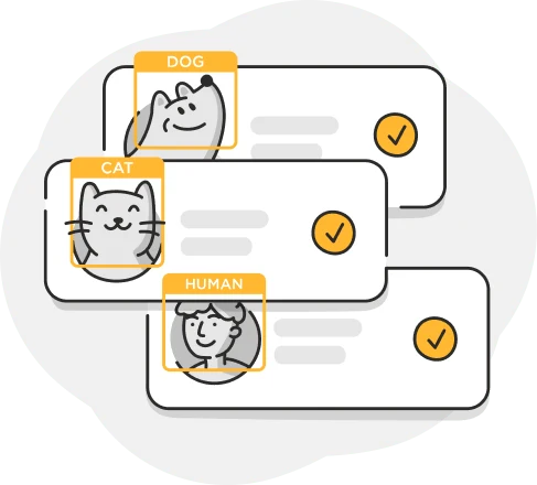 App cards showing dog, cat and human detection each being confirmed