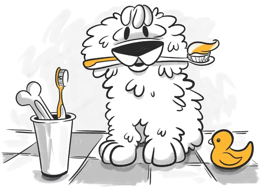 Petcube illustration of a dog holding a toothbrush in its mouth beside a cup of brushes
