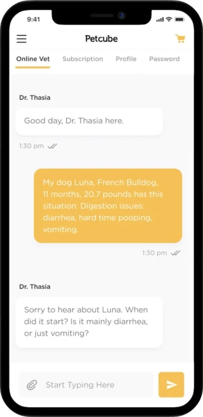 Phone screenshot of a Petcube Online Vet chat, with a veterinarian asking follow up questions