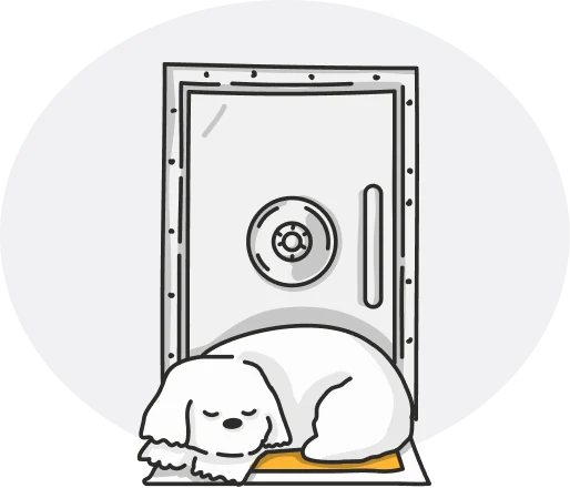 Illustration of a dog lying calmly in front of a door