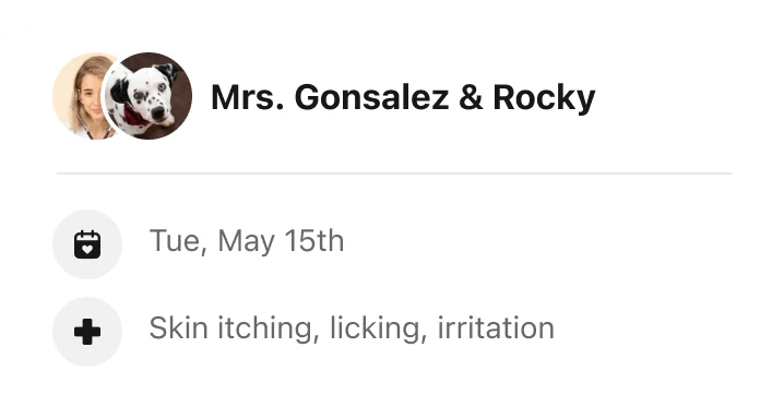 A Petcube app card showing a scheduled vet conversation about skin itching, licking and irritation