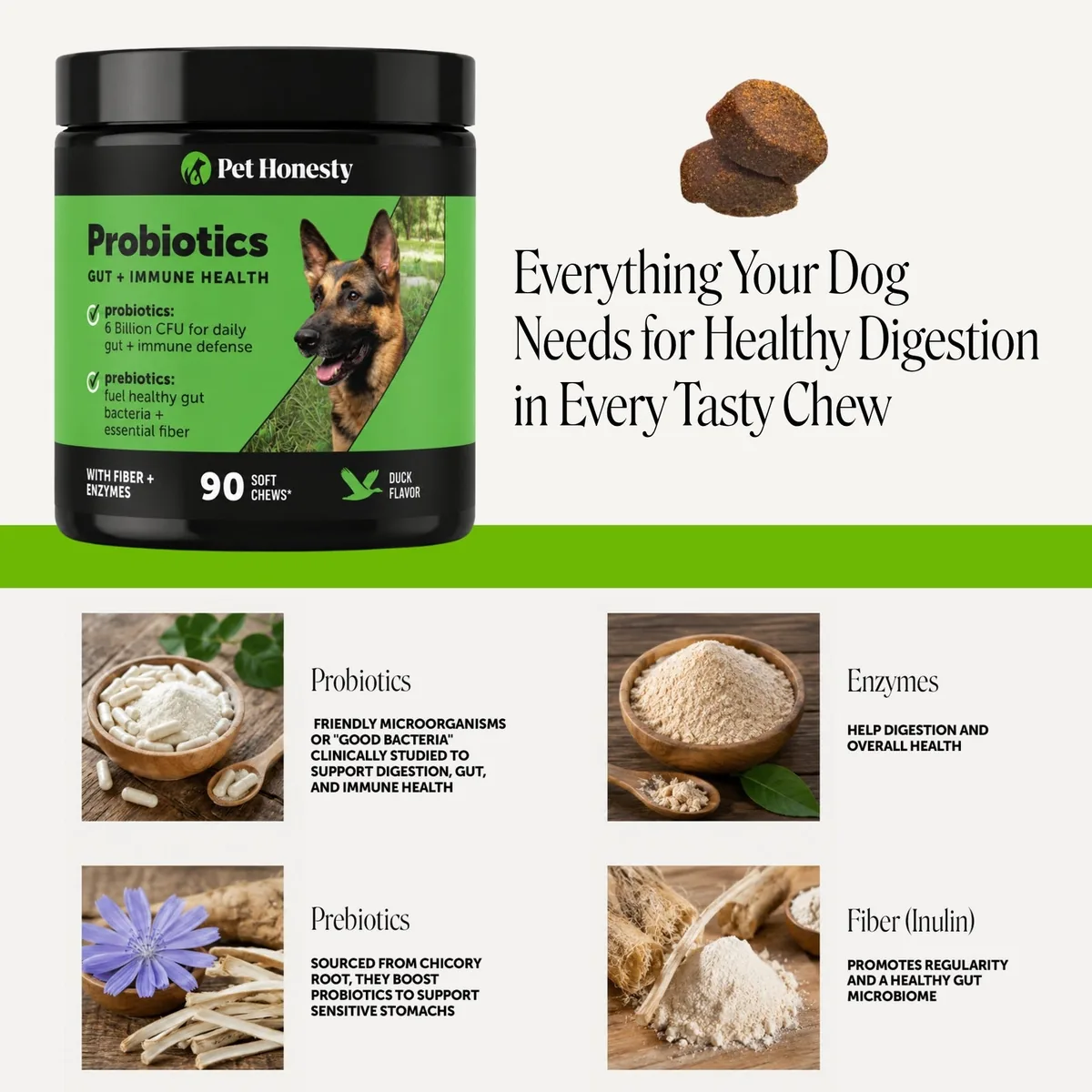 Pet Honesty's four ingredient families: probiotics, enzymes, prebiotics and fiber from inulin