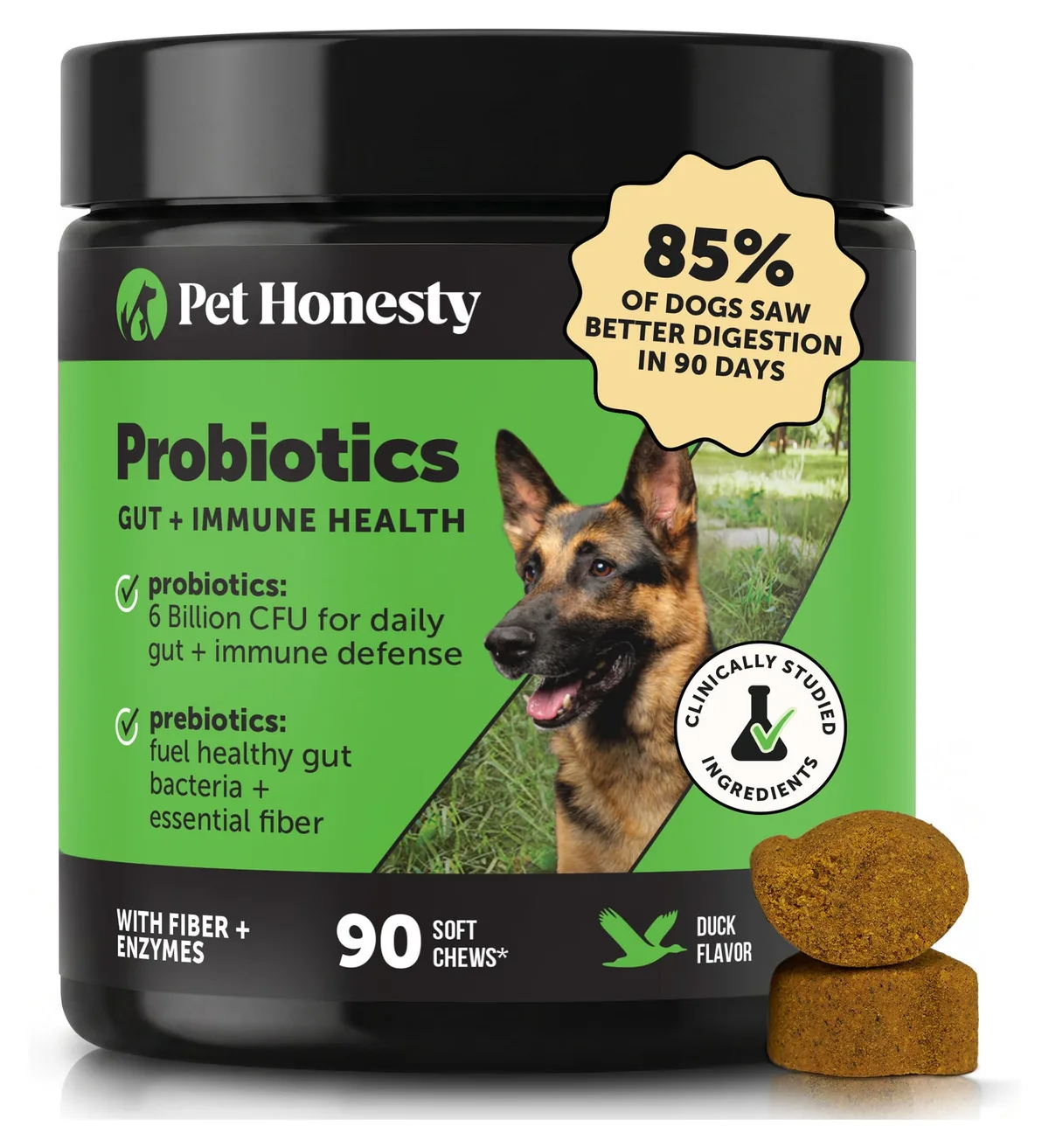 Pet Honesty Probiotics Gut and Immune Health duck flavor jar, 90 soft chews, with the 85 percent in 90 days badge on the front