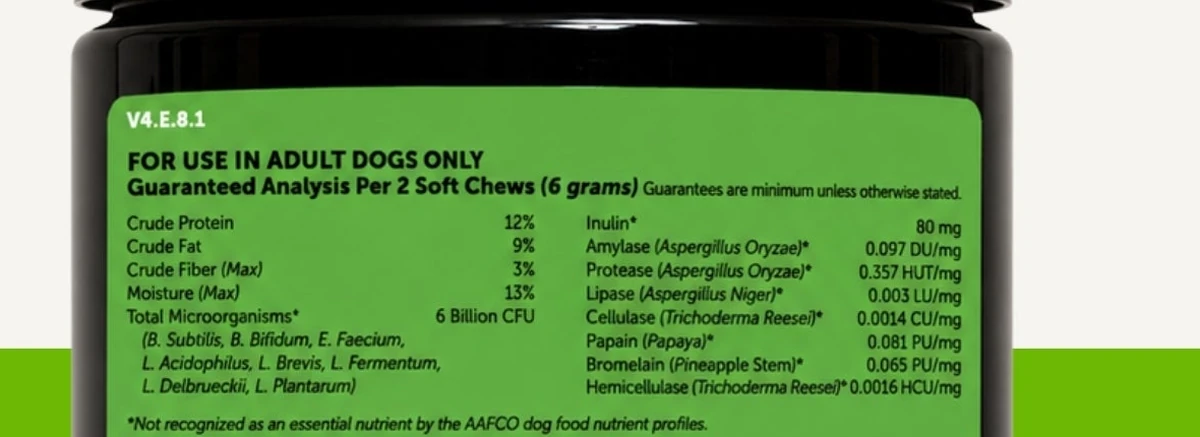 Close-up of the Pet Honesty guaranteed analysis panel showing 6 billion CFU, eight probiotic strains, 80 mg inulin and seven enzymes