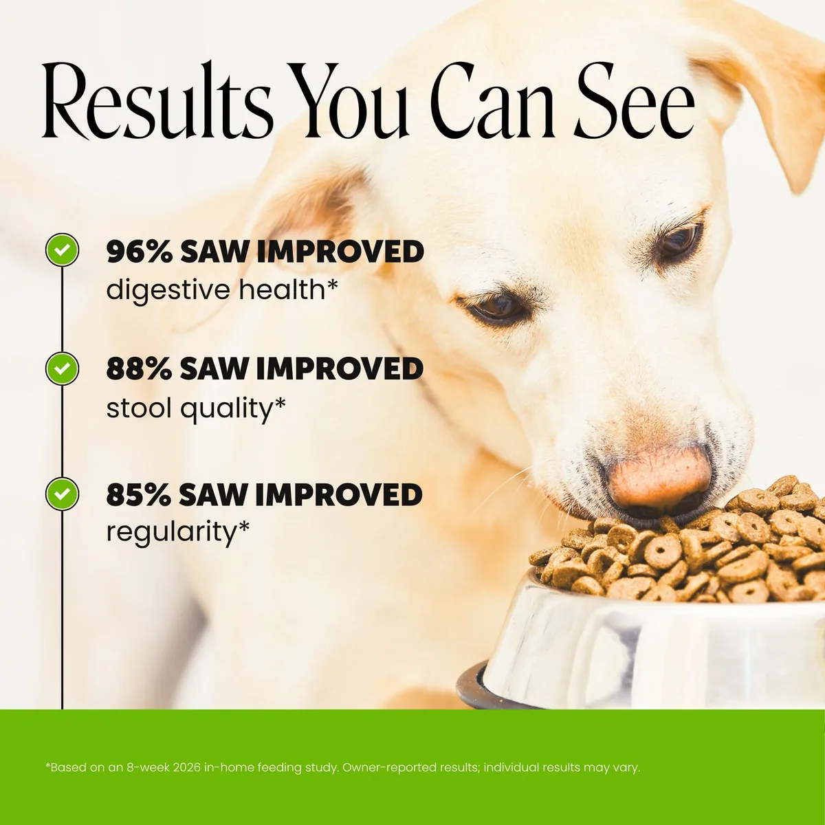 Pet Honesty's published study results: 96 percent saw improved digestive health, 88 percent improved stool quality, 85 percent improved regularity