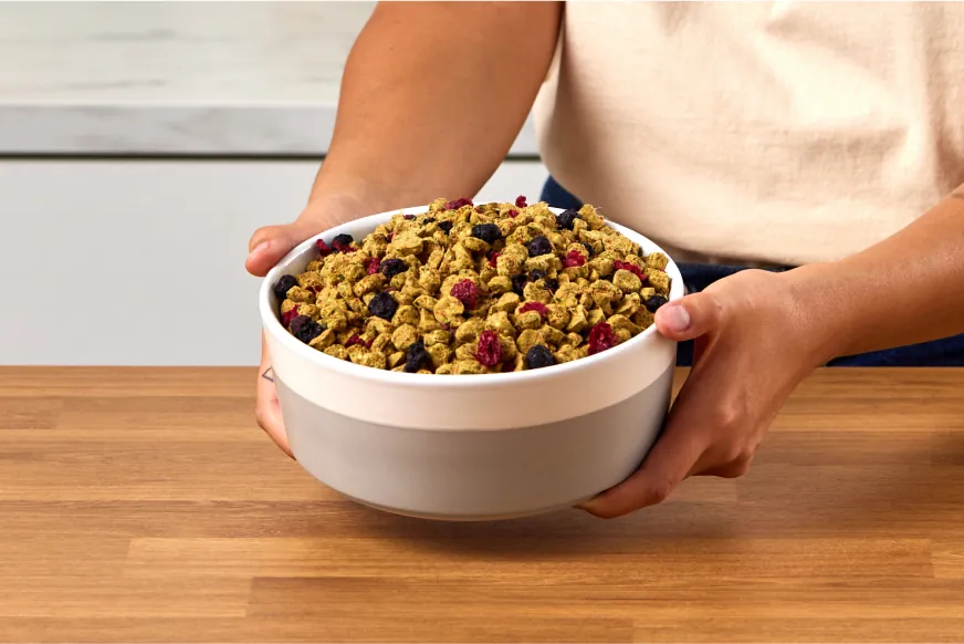 A bowl of PetPlate FreshBaked clusters with visible whole dried blueberries and cranberries