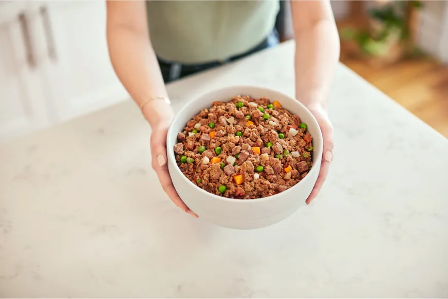 A bowl of PetPlate FreshCooked beef with visible peas, carrots and pieces of meat