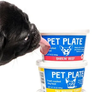 A dog licking out empty PetPlate containers
