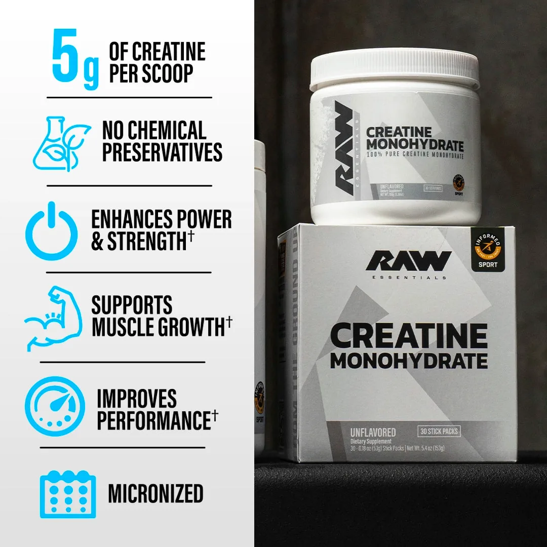 RAW Nutrition creatine monohydrate feature list showing 5 g per scoop, no chemical preservatives, and micronized powder, next to the tub and the stick pack box