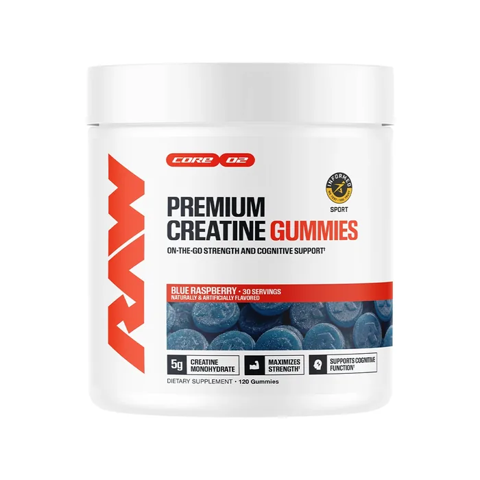 RAW Nutrition Premium Creatine Gummies in blue raspberry, 30 serving tub