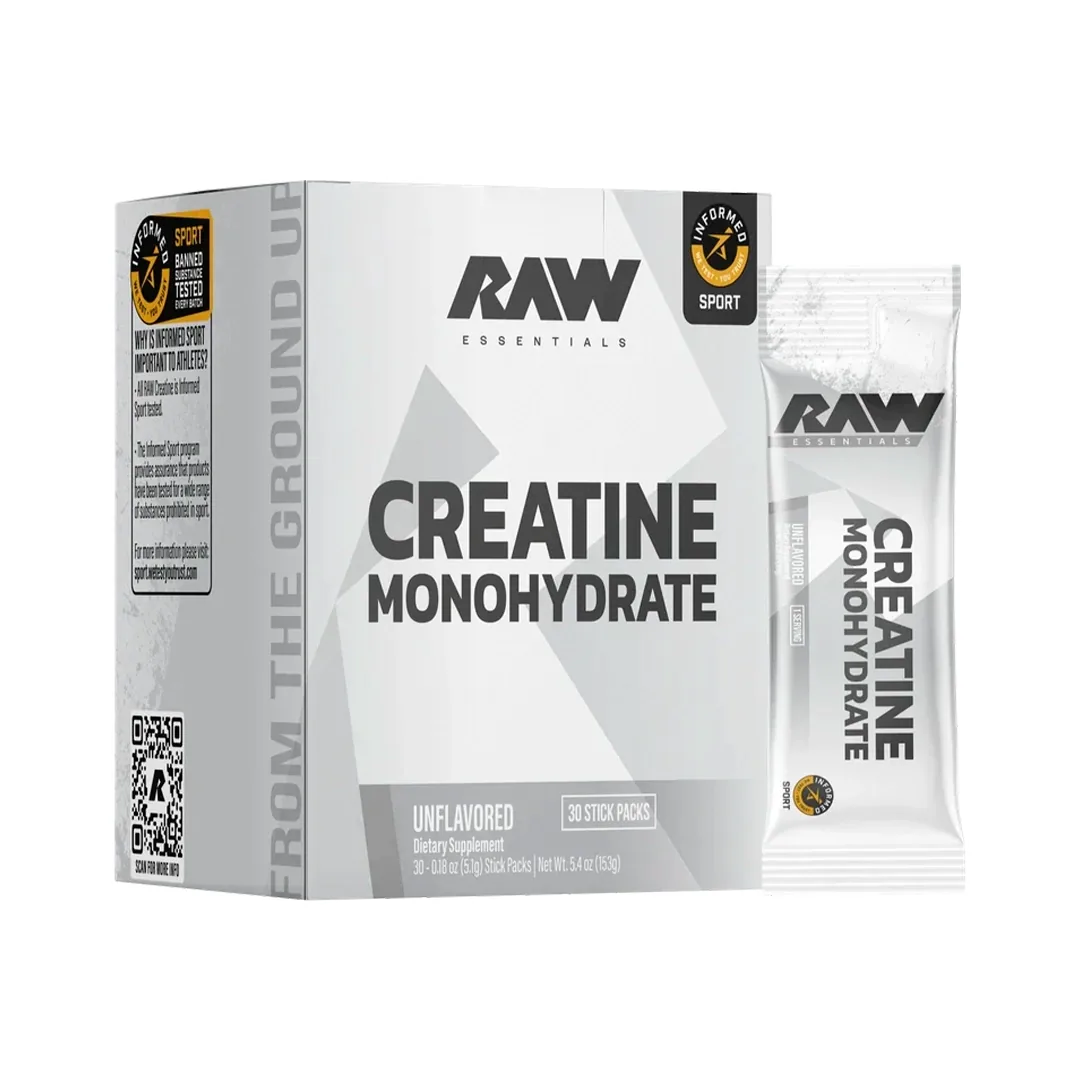 RAW Nutrition creatine monohydrate stick pack box beside the tub