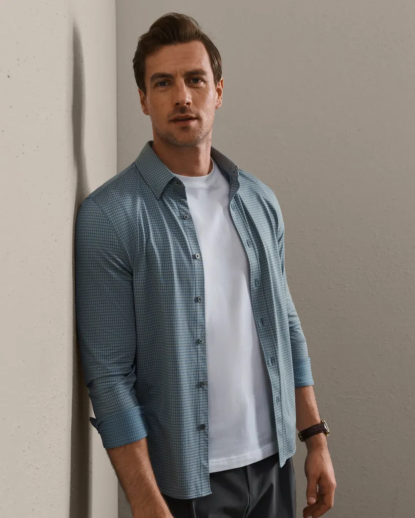 Commuter Shirt worn open over a plain tee