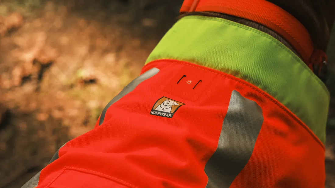 Close-up of the wide reflective screen print running along an orange dog vest