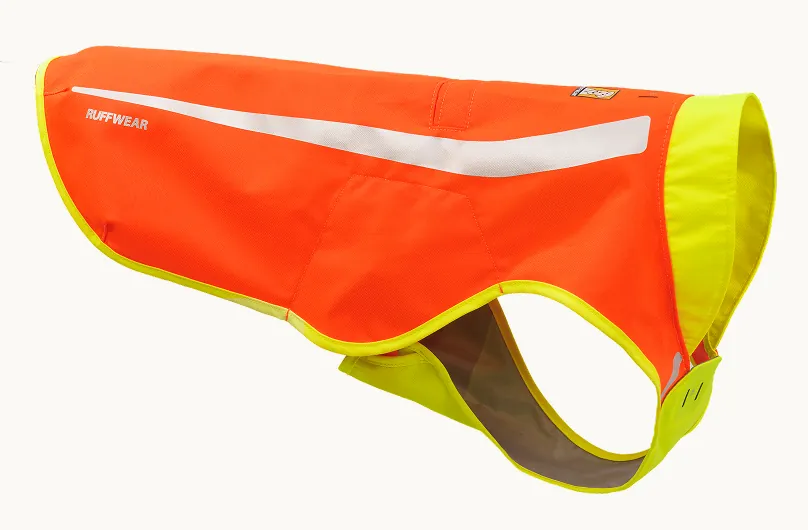 The Lumenglow High-Vis Vest in blaze orange with a yellow-green trim and a wide reflective stripe along the flank