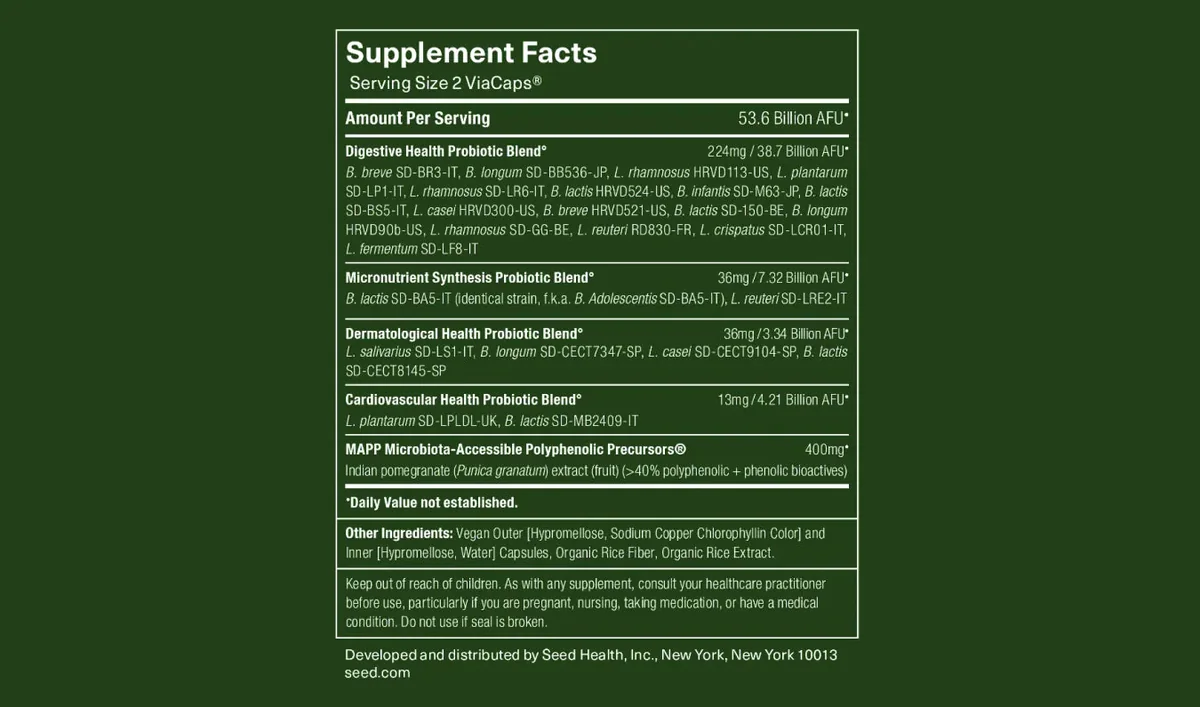 The DS-01 supplement facts panel listing four probiotic blends, twenty four strains with their strain designations, and the prebiotic