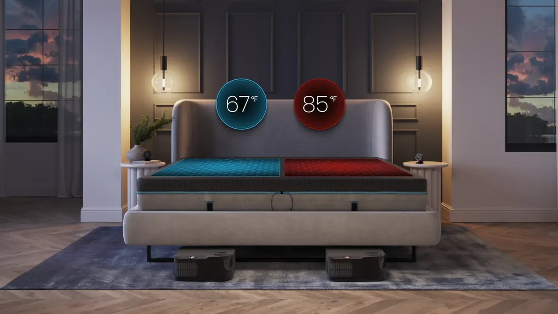 A bedroom render showing one bed with two temperature dials, 67 degrees on one side and 85 degrees on the other