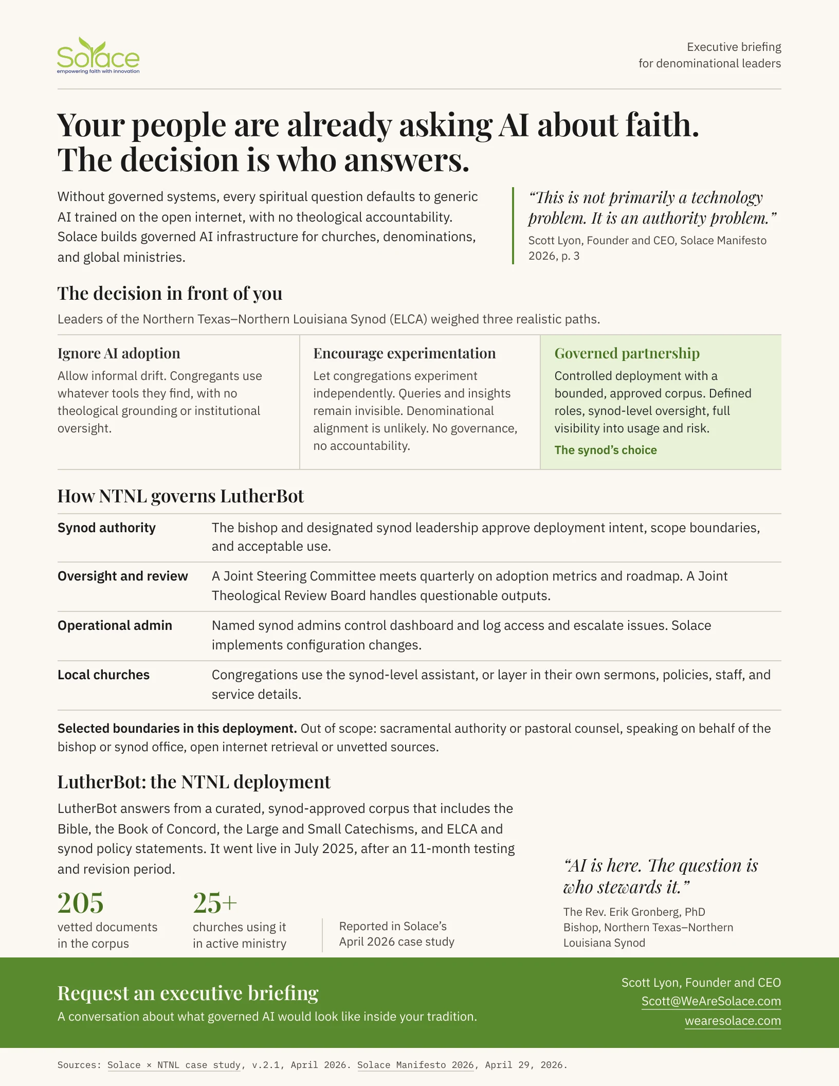 Executive one-pager titled: Your people are already asking AI about faith. The decision is who answers.