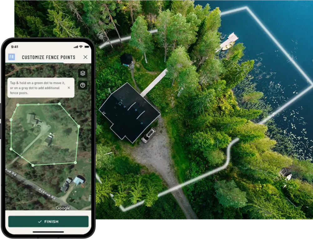 The SpotOn app showing a customize fence points screen beside an aerial view of a wooded lakeside property with a boundary drawn on it