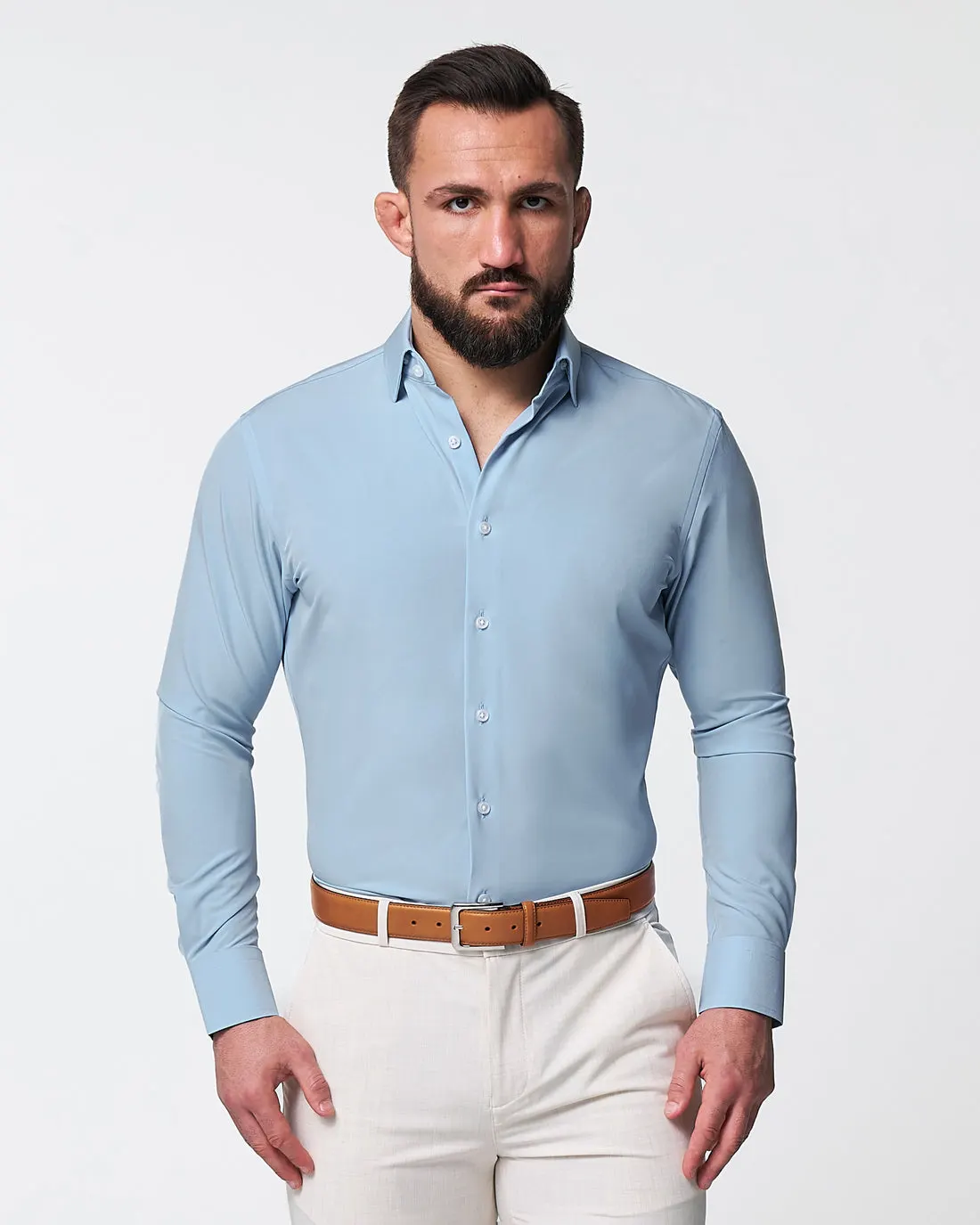 Front view of a State and Liberty athletic fit dress shirt in light blue