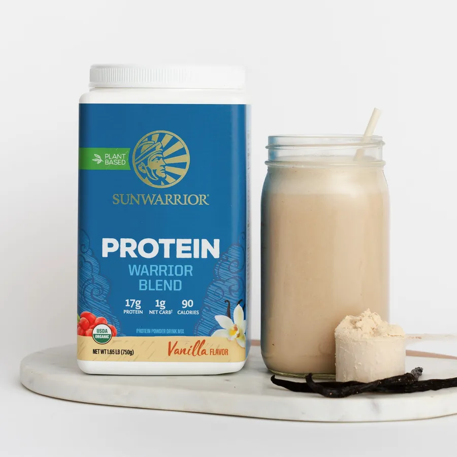 Sunwarrior Warrior Blend vanilla protein next to a jar of thick creamy shake
