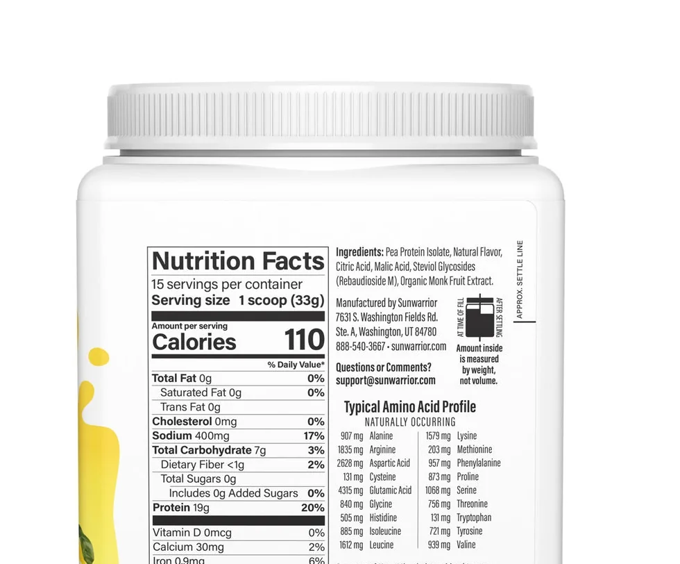 Nutrition facts panel and typical amino acid profile printed on the Clear Protein tub