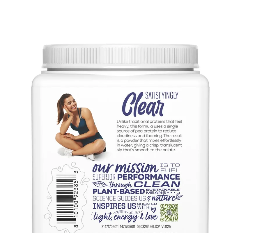 Side panel of the Clear Protein tub reading Satisfyingly Clear
