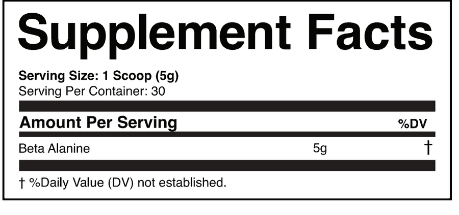 Supplement Facts panel for Swolverine Beta-Alanine showing a single ingredient line, beta alanine 5 g
