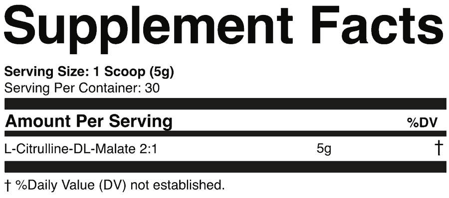 Supplement Facts panel for Swolverine Citrulline Malate showing L-Citrulline-DL-Malate 2 to 1 at 5 g per scoop