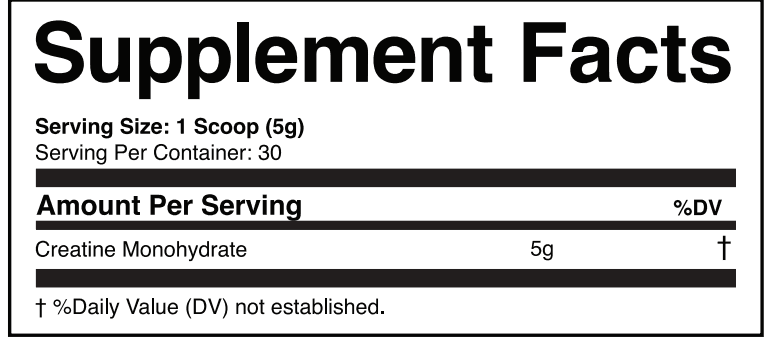Supplement Facts panel for Swolverine Creatine Monohydrate showing a single ingredient line, creatine monohydrate 5 g