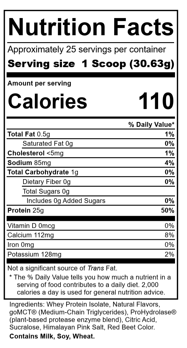 Nutrition Facts panel for Swolverine Whey Protein Isolate showing a serving size of 30.63 grams and 25 grams of protein