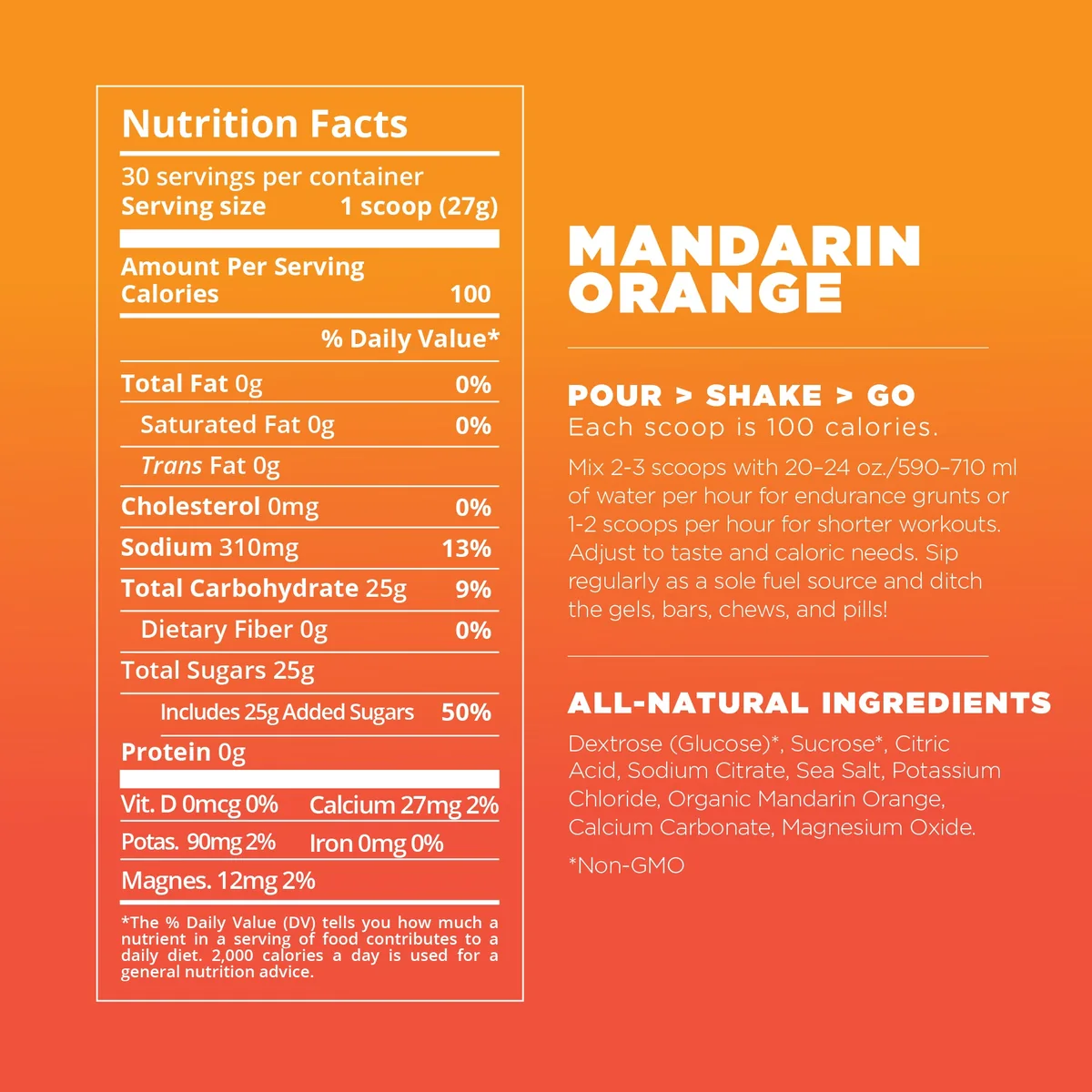 Tailwind Endurance Fuel Mandarin Orange nutrition panel: one scoop of 27 grams, 100 calories, 310 mg sodium, 25 g total carbohydrate, 0 g protein, 0 g fat, 0 g fiber, with mixing instructions