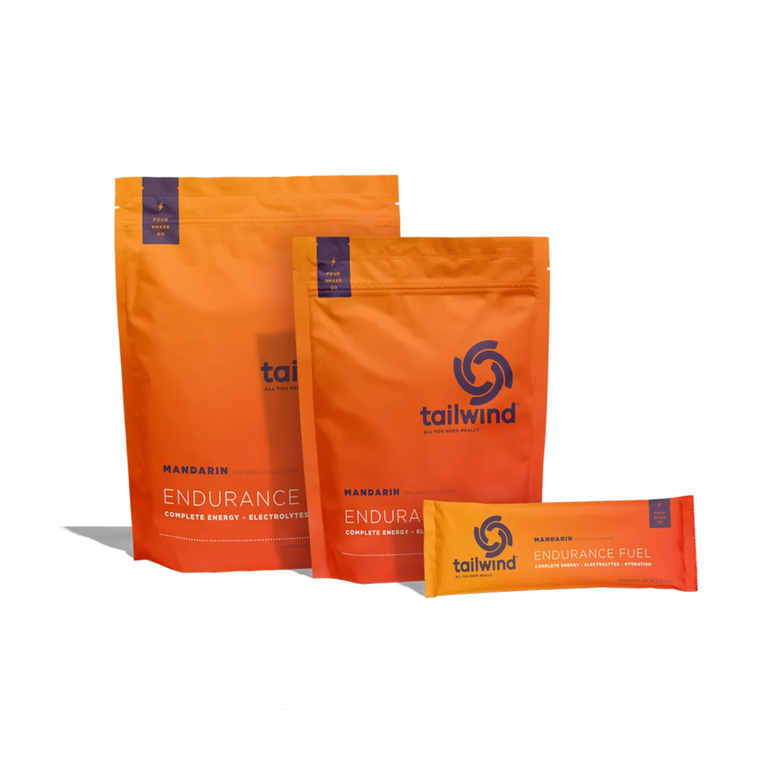 Tailwind Endurance Fuel Mandarin bag, single serving packet and box shown together