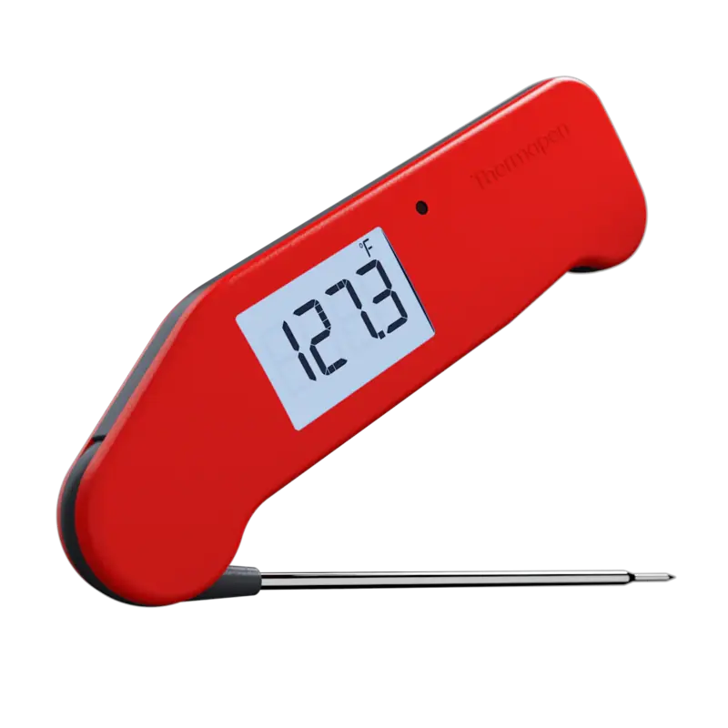 Red Thermapen NANO instant-read thermometer with the probe folded out