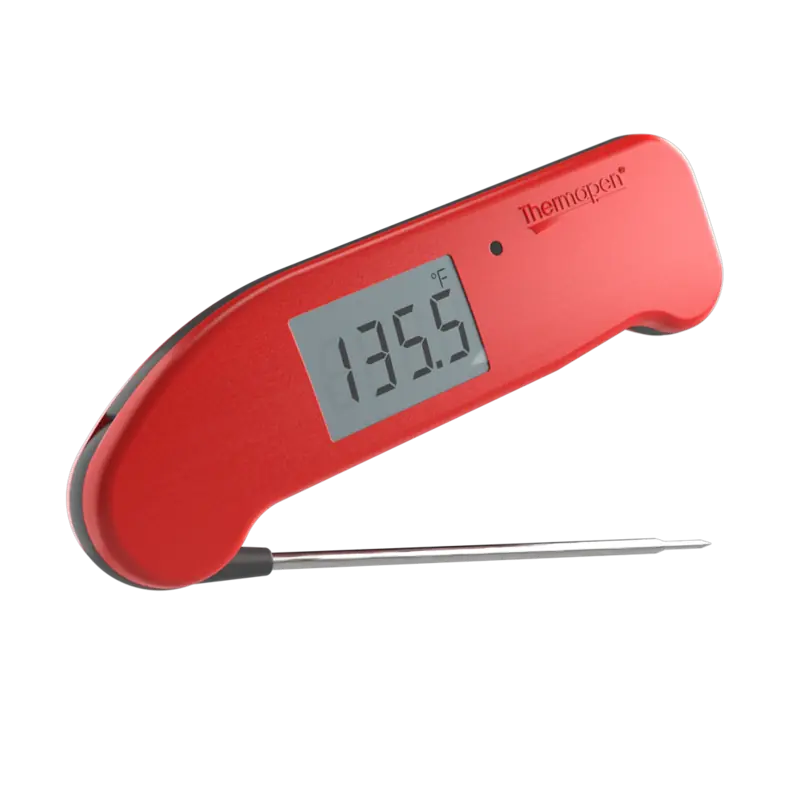 Red Thermapen ONE instant-read thermometer with the probe folded out