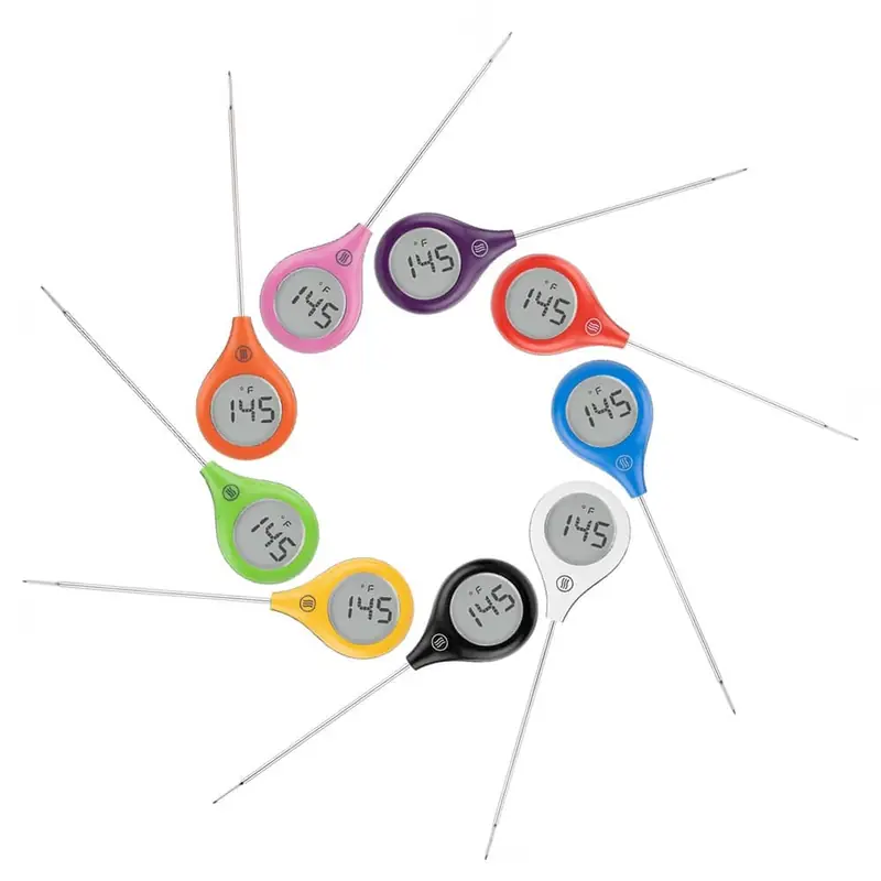 Fan of ThermoPop 2 lollipop-style thermometers in ten colors