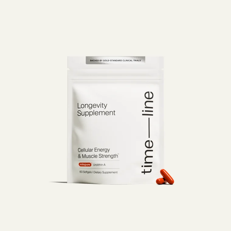 Timeline Mitopure Longevity Supplement pouch with red softgels
