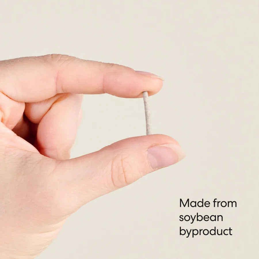 A hand holding a single cylindrical tofu litter pellet between finger and thumb