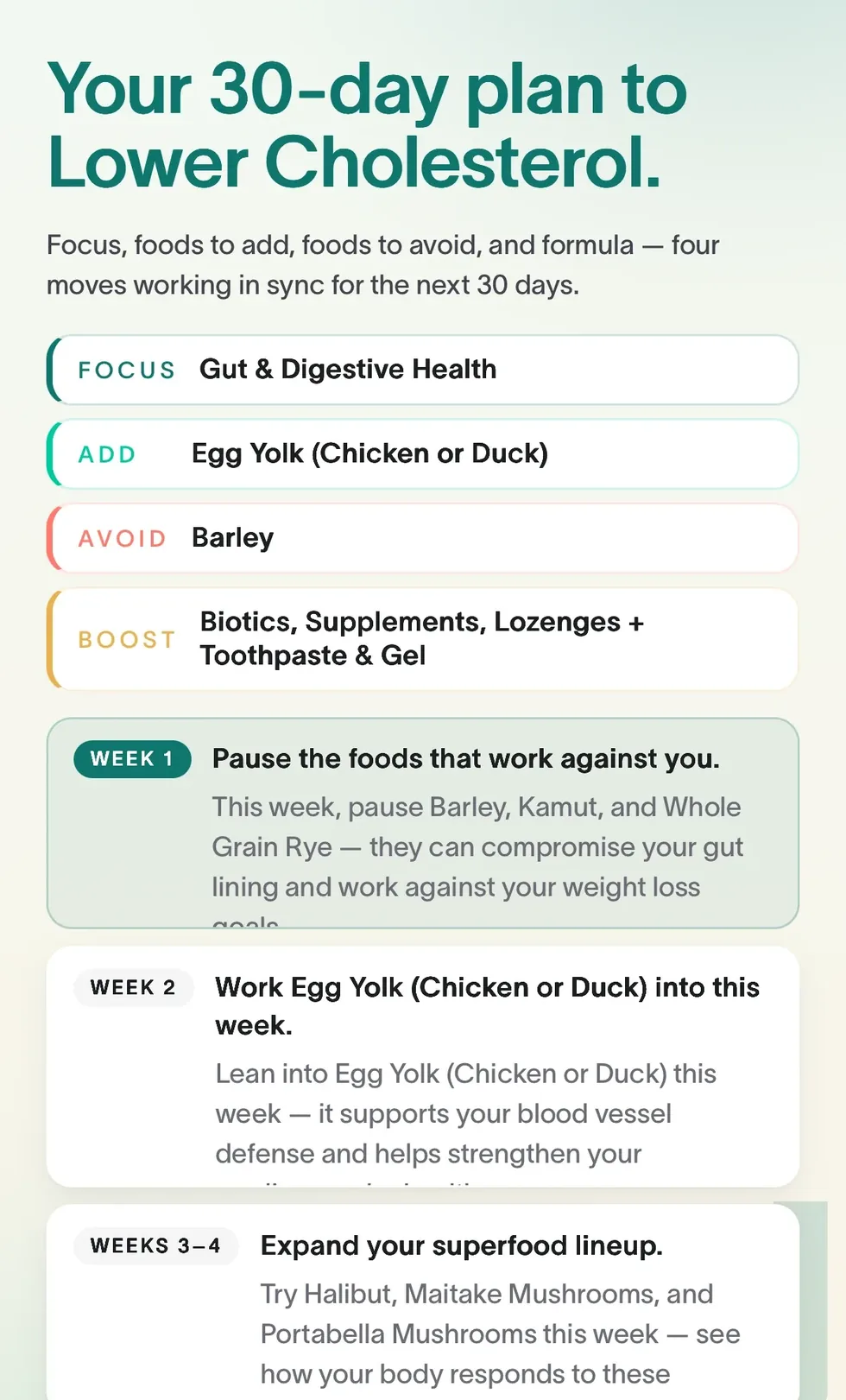 A Viome 30 day plan to lower cholesterol showing a focus area, one food to add, one to avoid, a formula, and week by week steps
