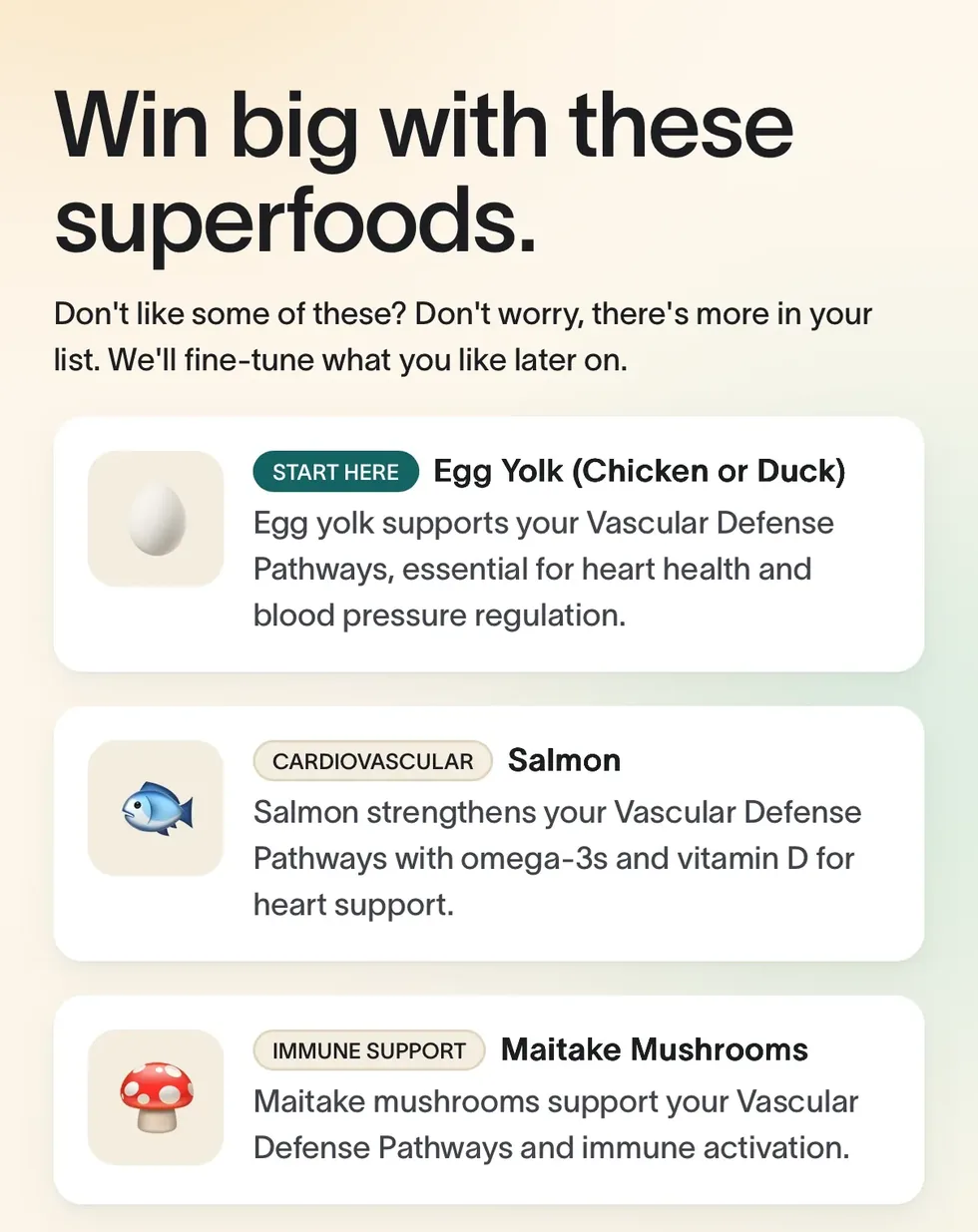 Viome app superfoods screen listing Egg Yolk, Salmon and Maitake Mushrooms, each with the pathway it supports